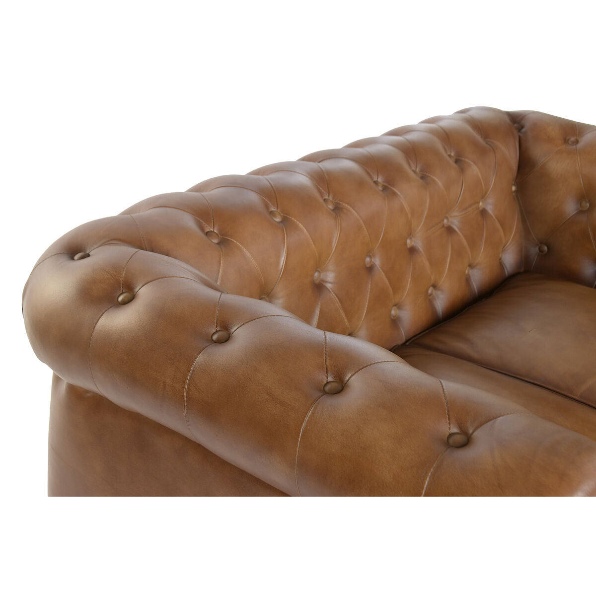 Canapé Chesterfield cuir marron cognac, capitonnage du dossier et accoudoir roulé