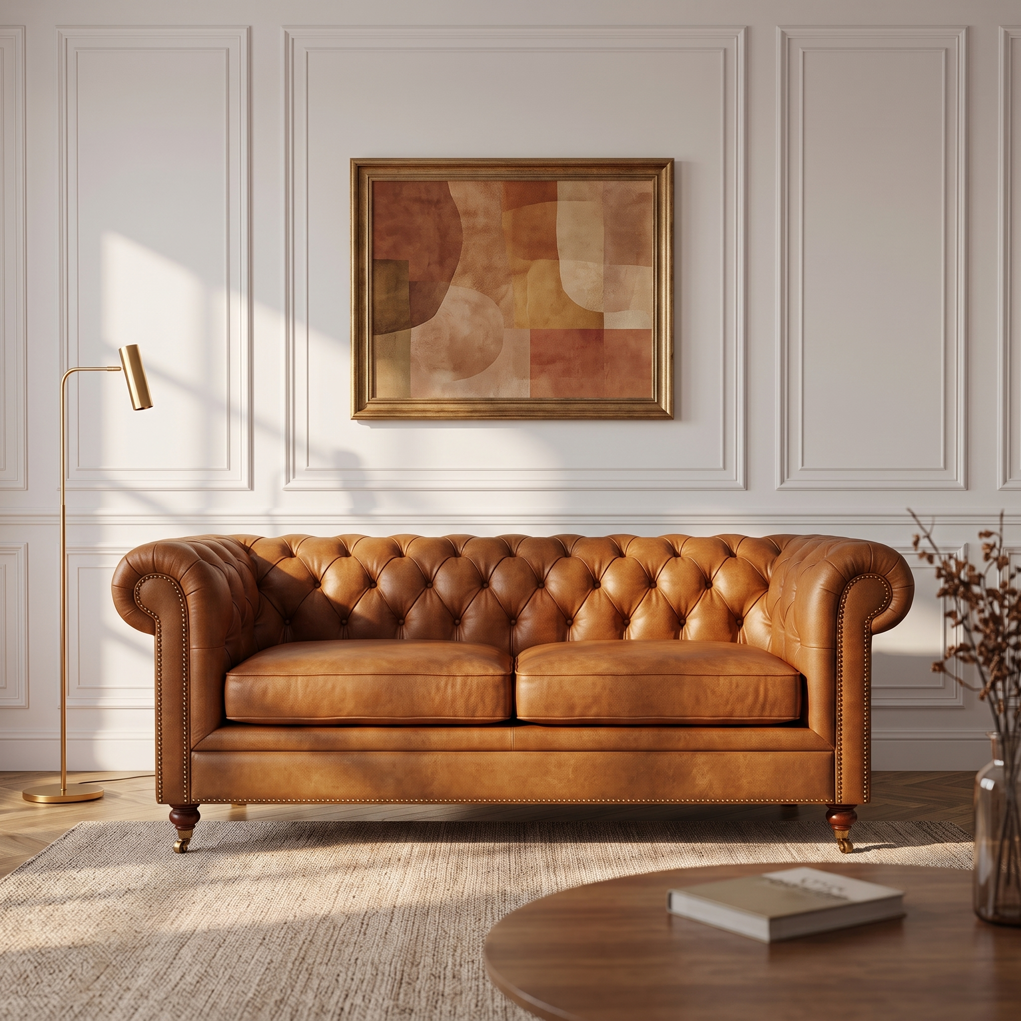 Canapé Chesterfield 3 places cuir marron cognac en situation dans un salon