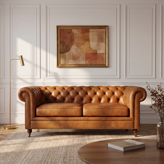 Canapé Chesterfield 3 places cuir marron cognac en situation dans un salon
